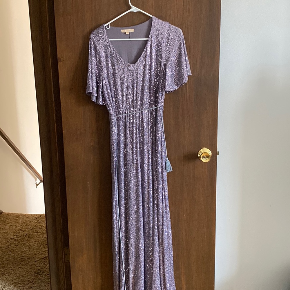Lavender sequin maternity dress.